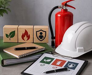 Weißer Schutzhelm, Feuerlöscher und Seminarunterlagen zu Umwelt und Sicherheit