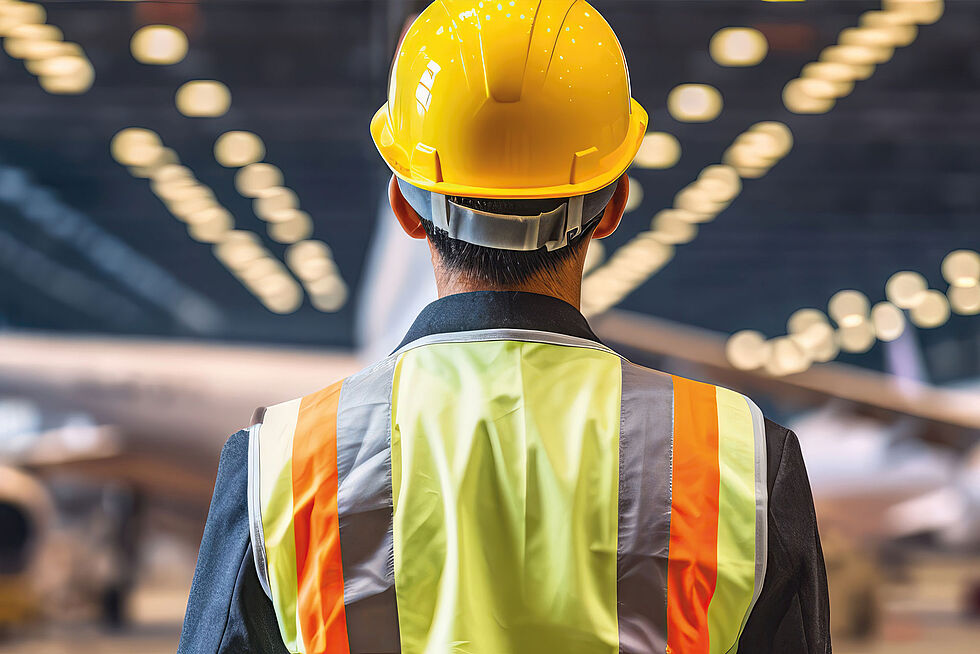 Rückenansicht eines Mannes mit gelbem Bauhelm und Warnweste in einem Hangar